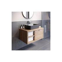 Bathroom Oak Wall Hung Vanity Unit and Basin Sink Cabinet Storage 800mm Shelving Unit with 480mm Rectangular Black Basin