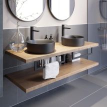 Vitusso - Bathroom Oak Wall Hung Vanity Unit and Basin Sink Cabinet Storage 1100mm Floating Shelf with 352mm Round Twin Black Basin