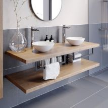 Vitusso - Bathroom Oak Wall Hung Vanity Unit and Basin Sink Cabinet Storage 1100mm Floating Shelf with 280mm Round Twin White Basin