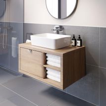 Bathroom Oak Wall Hung Vanity Unit and Basin Sink Cabinet Storage 800mm Right Hand Shelving Unit with 480mm Rectangular White Basin