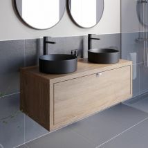 Vitusso - Bathroom Oak Wall Hung Vanity Unit and Basin Sink Cabinet Storage 1100mm with 352mm Round Black Twin Basin
