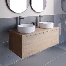 Vitusso - Bathroom Oak Wall Hung Vanity Unit and Basin Sink Cabinet Storage 1100mm with 352mm Round White Twin Basin