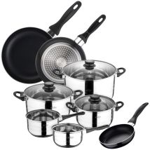 San Ignacio Batterie de Cuisine Sip 8 pièces (2 casseroles + Trois Faitouts avec Couvercle de Verre) avec Set de 3 poêles Ø16/20/24 cms, Induction