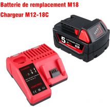 Batterie de rechange 5,0 Ah pour batterie lithium-ion Milwaukee M-18 et kit de chargeur compatible avec les outils électriques sans fil et chargeur
