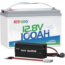 Redodo - Batterie au Lithium 12V100Ah rechargeable LiFePO4+14,6V10A Chargeur de batterie LiFePO4 pour batterie lithium 12V