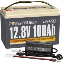 Batterie Lithium 12V100Ah 1280Wh Rechargeable LiFePO4+14,6V 10A Chargeur de Batterie au Lithium Power Queen Expédition en Deux Colis)