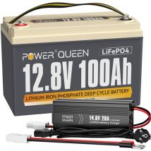 Batterie Lithium 12V100Ah 1280Wh Rechargeable LiFePO4+14,6V 20A Chargeur de Batterie au Lithium Power Queen Expédition en Deux Colis)