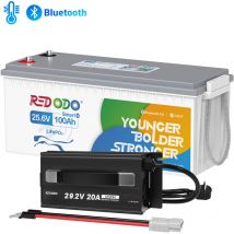 Batterie Lithium 24V100Ah rechargeable LiFePO4(Bluetooth+Protection à basse température)+29,2V20A Chargeur de batterie LiFePO4 pour batterie lithium