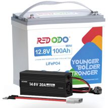 Batterie Lithium LiFePO4 12V 100Ah mini, Pour les boîtiers de taille Groupe 24+14,6V20A Chargeur de batterie LiFePO4 pour batterie lithium 12V Redodo