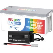 Redodo - Batterie au lithium 12V 200Ah rechargeable LiFePO4+14,6V40A Chargeur de batterie LiFePO4 pour batterie lithium 12V