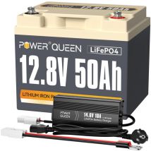 Batterie Lithium 12V50Ah 640Wh Rechargeable LiFePO4+14,6V 10A Chargeur de Batterie au Lithium Power Queen Expédition en Deux Colis)