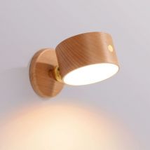 Sjqka - Batteriebetriebene Holz-Wandlampe, LED-Wandlampe für den Innenbereich mit Touch-Schalter, 800-mAh-Akku, 360°-Drehung, wiederaufladbar und