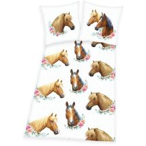 Herding - Baumwollbettwäsche 135x200 Pferde weiß beige Kissenbezug 80x80 H24