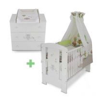 BB Lit b b cododo 120 x 60 cm hibou vert + Set de lit + Commode langer b b 3 tiroirs