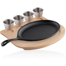 Tegami in ghisa con vaschette in acciaio inox e base in legno 24 x 17,5 cm ovale - Bbq-toro