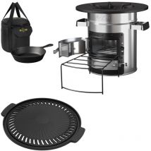Bbq#boss - bbqboss Estufa Rocket de Camping con Sartén y Placa de Parrilla de Asar de Hierro Fundido Horno de Barbacoa de Acero Plateado con Soporte