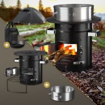 Bbq#boss - bbqboss Forno da Campeggio Rocket Stove con Padella e Piastra per Grigliare in Ghisa Forno bbq in Acciaio Nero Stufa a Legna con Anello