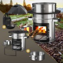 Bbqboss Forno da Campeggio Rocket Stove con Padella e Piastra per Grigliare in Ghisa Forno bbq in Acciaio Argento Nero Stufa a Legna con Anello Power