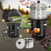 Bbqboss Forno da Campeggio Rocket Stove con Pentola di Cottura Padella e Piastra per Grigliare in Ghisa Forno bbq in Acciaio Argento Stufa con