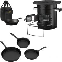 BBQBOSS Forno da Campeggio Rocket Stove con Set di Padelle e Piastra per Grigliare in Ghisa Forno BBQ in Acciaio Nero Stufa con Supporto per Legna