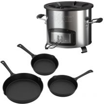 BBQBOSS Forno da Campeggio Rocket Stove Fornello con Set di 3 Padelle in Ghisa per Barbecue in Acciaio Inox e Ghisa Stufa a Razzo per Camping