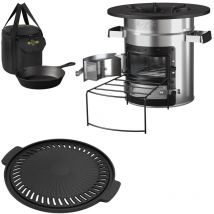 Bbq#boss - bbqboss Four-Fusée avec Poêle à Griller, Sac de Transport, en Acier Inoxydable, Argent, Plaque de Cuisson en Fonte, avec Support pour Bois