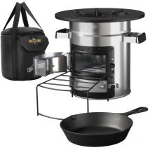 BBQBOSS Raketenofen mit Grillpfanne & Tragetasche, Silber, Campingkocher Holz mit Brennholzständer, Doppeltür, Camping BBQ Holzofen zum Kochen,