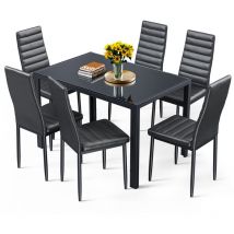 Bealife - Ensemble Table et Chaises Table à Manger avec Chaises 1 Table en Verre Trempé 6 Chaises en Cuir pu Dossier Patte Metal Pied en Caoutchouc