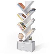 Bealife - Estantería Organizadora de 7 Niveles con Cajón de Tela en Forma de Árbol para Libros, CDs y Revistas en Salón o Dormitorio Blanco
