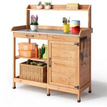 Bealife Umtopftisch mit Kiefernholz-Außenlagerregal, Gartentisch mit Metallablage, 3 Haken, 1 Tür und 1 Schublade