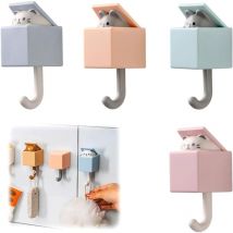 Bebusingoto - 4 ganchos de pared con forma de animal, bonitos ganchos adhesivos, creativos, para abrigos, gatos, retráctiles, adhesivos, para mascotas
