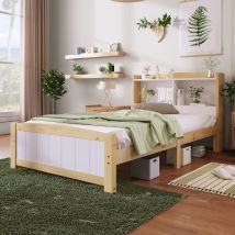 3FT Single Bed with Shelves, Single bed with storage bed, white & natural, 90x190 cm