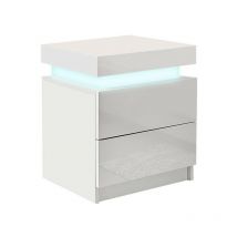Bedside Table, 2 Drawers Nightstand with LED Lights, High Gloss Flip Cover Storage, White