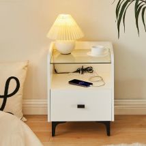 Clipop - Bedside Table, Side Table with Charging Port, led Nightstand Unit with Tempered Glass Top