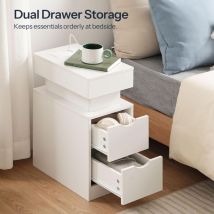 Bedside Table with Charging Station, Slim LED Nightstand with 2 Drawers, Narrow Side Table with Power, for Small Spaces, Bedroom, Living Room, White