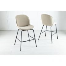 Beige Fabric Curved Back Set of 2 Bar Stool with Round Black Metal Legs - beige