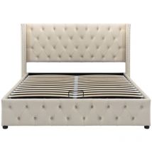 Beige Lit rembourré ,Lit fonctionnel hydraulique avec forme d'oreille Double rangée de rivets Flanelle-140x200 cm