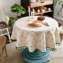 Beige) Pique-Nique 150cm Round Tablecloth Nappe Ronde Lin Coton imprimé Fleuri, Nappe Table Ronde à Franges Lavable, Petite Nappe Ronde Anti Tache