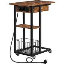 Beistelltisch mit Ladestation, Flip C-Form Sofatisch, Couchtisch mit Rädern und Ablagefläche, Nachttisch für Wohnzimmer, Schlafzimmer, Dunkelbraun