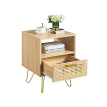 Nachtschrank Rattan Schublade Nachttisch für Boxspringbett Nachtkommode mit 1 Schublade und 1 offenen Ablagefach Metallbeine Beistelltisch 40 × 40 ×