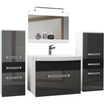 Belini - Badezimmer Badmöbel Set Vollausstattung mit Waschbecken Unterschrank Waschtisch Spiegel Lampe Möbel Silber Schwarz Glänzend
