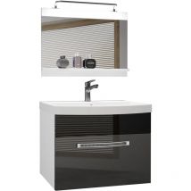 Badezimmer Badmöbel Set Vollausstattung mit Waschbecken Unterschrank Waschtisch Spiegel Lampe Möbel Silber/Schwarz, Glänzend - Belini