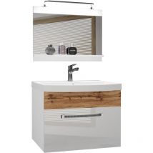Meuble de Salle de Bain Lavabo Inclus, Meuble sous-Vasque et Miroir de Salle de Bains Largeur: 60 cm Kit d'éclairage Inclus Couleur : Blanc très