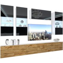 Wohnwand Vollausstattung Wohnzimmer-Set Moderne Schrankwand mit LED-Beleuchtung Anbauwand TV-Schrank Schwarz/Wotan Eiche - Belini