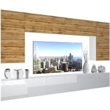 Wohnwand Vollausstattung Wohnzimmer-Set Moderne Schrankwand mit LED-Beleuchtung Anbauwand TV-Schrank Eiche Wotan/Weiß - Belini