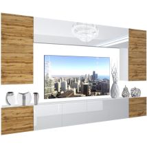 Wohnwand Vollausstattung Wohnzimmer-Set Moderne Schrankwand mit LED-Beleuchtung Anbauwand TV-Schrank Eiche Wotan/Weiß - Belini