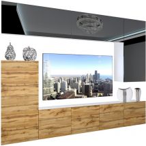 Wohnwand Vollausstattung Wohnzimmer-set Moderne Schrankwand Mit Led-beleuchtung Anbauwand Tv-schrank Schwarz Ganzes Oberteil/eiche Wotan - Belini