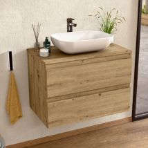 Bellobath – Hängender Waschtischunterschrank Mit Keramikwaschbecken, Schrank Mit 2 Schubladen, 80 X 55 X 46 Cm, Eiche