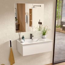 Mueble de baño suspendido con lavabo de cerámica y espejo, Mueble baño con 1 cajón, 80 x 27 x 45 cm, Mueble Blanco - Bellobath