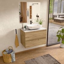 Bellobath – Hängender Badezimmerschrank Mit Keramikwaschbecken Und Spiegel, Badezimmerschrank Mit 2 Schubladen, 100 X 55 X 46 Cm, Eiche Und Weiße 